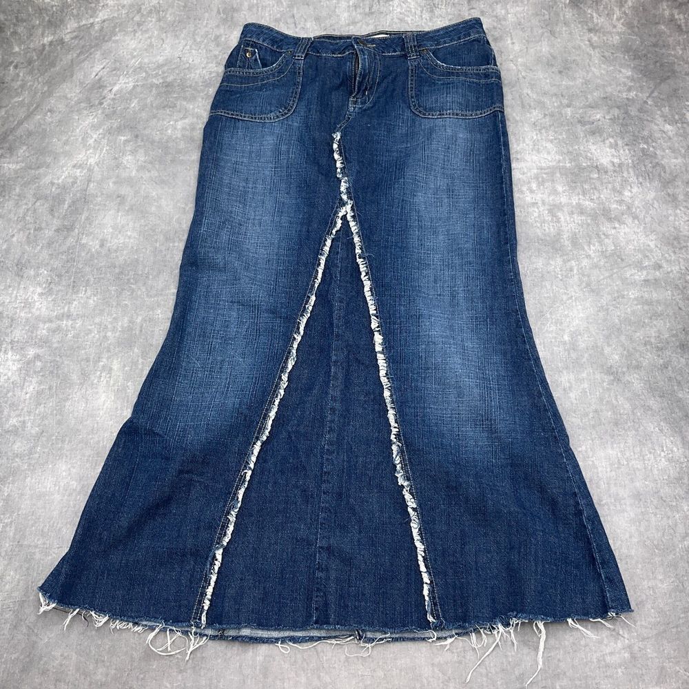 Kanna Skirt Juniors 9 Blue Jean Fringe Denim Cotton Midi Stone Wash Mermaid